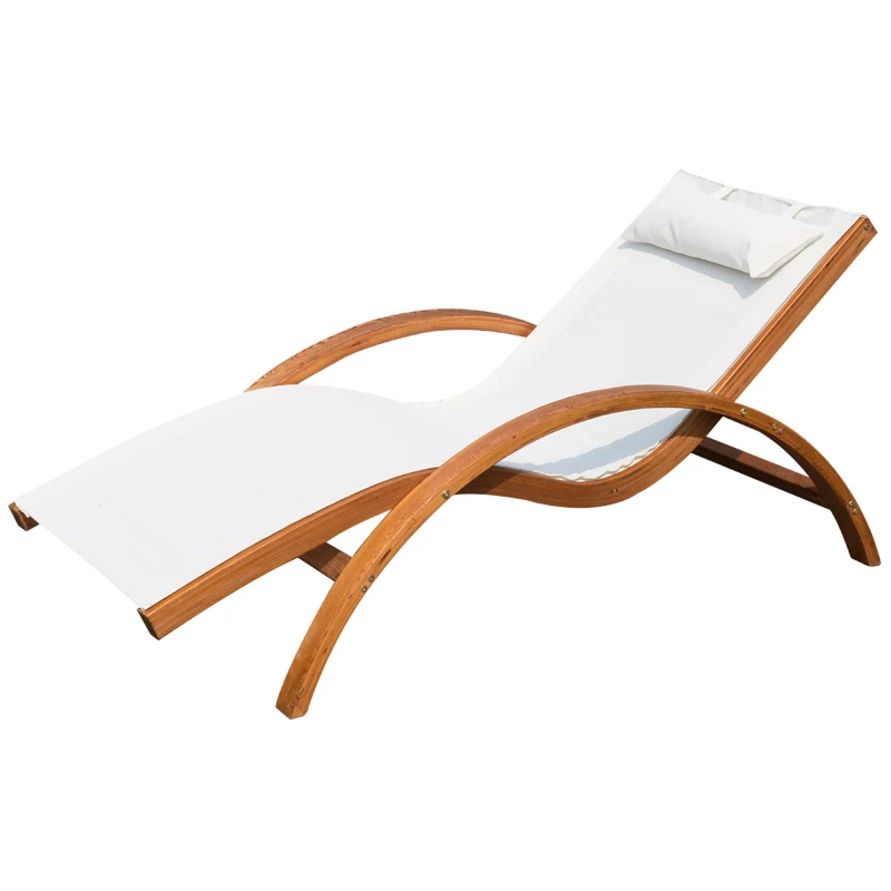 Outsunny Espreguiçadeira Ergonómica Espreguiçadeira com Apoio para a Cabeça Removível para Jardim Pátio Terraço Piscina 161x72x68 cm Marfim e Madeira