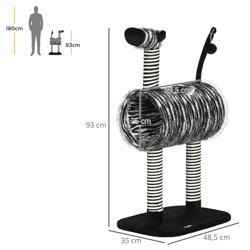 PawHut kattenboom, kattenboom in zebradesign, klimboom met kattentunnel, kattenkrabpaal met jutepaal, speelboom, kattenmeubilair, zwart+wit, 93 cm