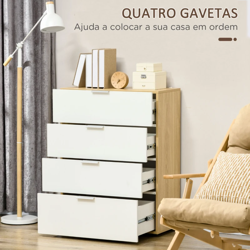 HOMCOM Cómoda com 4 Gavetas de Alto Brilho Cómoda de Madeira de Estilo Moderno 70x35x92 cm Branco e Madeira