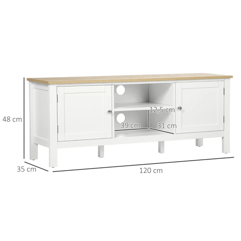 HOMCOM tv-bank, tv-dressoir, twee kasten met deuren, 2 open vakken, wit+naturel, 120 x 35 x 48 cm