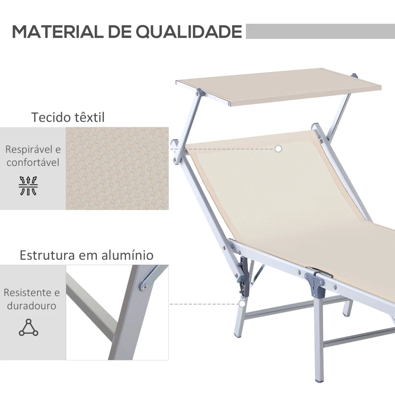 Outsunny Espreguiçadeira Dobrável e Reclinável com Toldo Ajustável em Ângulo Espreguiçadeira para Jardim Terraço Campismo Exterior 169x72x55-72cm Bege