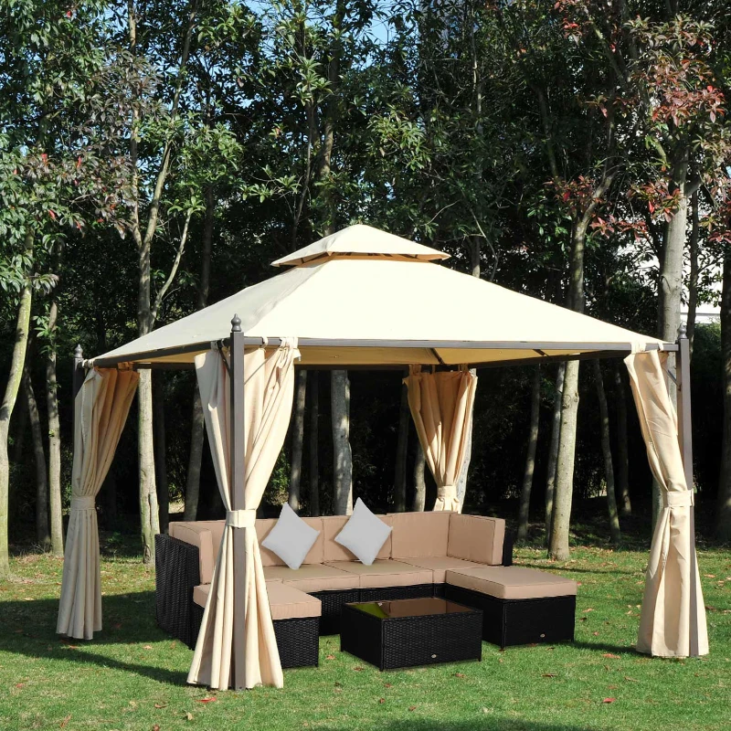 Outsunny Pérgola de Jardim 300x300x275cm Pérgola com Duplo Teto 4 Cortinas Laterais para Exterior Festas Eventos Bege