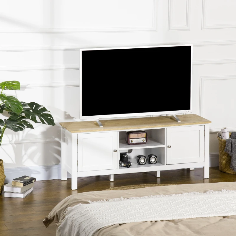 HOMCOM tv-bank, tv-dressoir, twee kasten met deuren, 2 open vakken, wit+naturel, 120 x 35 x 48 cm