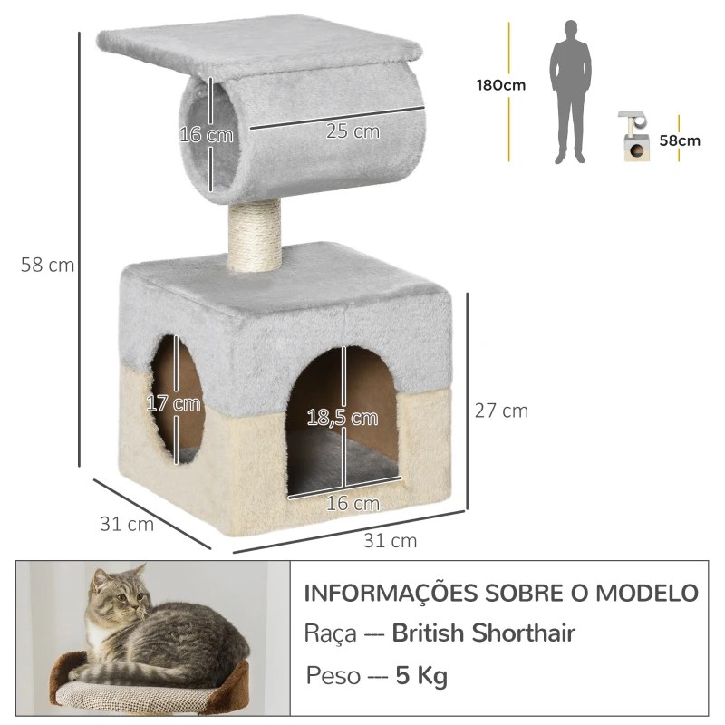 PawHut Árvore Arranhador para Gatos com Poste de Sisal Caverna de Pelúcia Suave Plataforma e Cilindro 31x31x58 cm Cinza e Bege