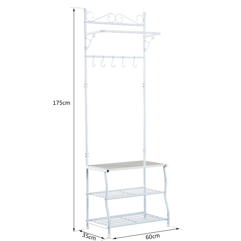 HOMCOM Stand Appendiabiti Attaccapanni per Ingresso Scarpiera a 2 Ripiani 5 Ganci Metallo 60 × 35 × 175cm Bianco e Color Legno