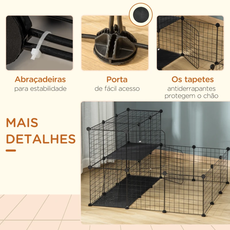 PawHut Recinto para Pequenos Animais DIY com 24 Painéis com Grade Metálica Recinto Modular para Coelhos Chinchilas 105x105x70cm