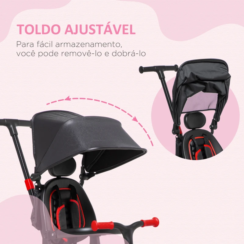 AIYAPLAY Triciclo 3 em 1 para Crianças Triciclo Evolutivo com Capô Dobrável e Guiador Desmontável 96,5x49x101cm Preto e Vermelho