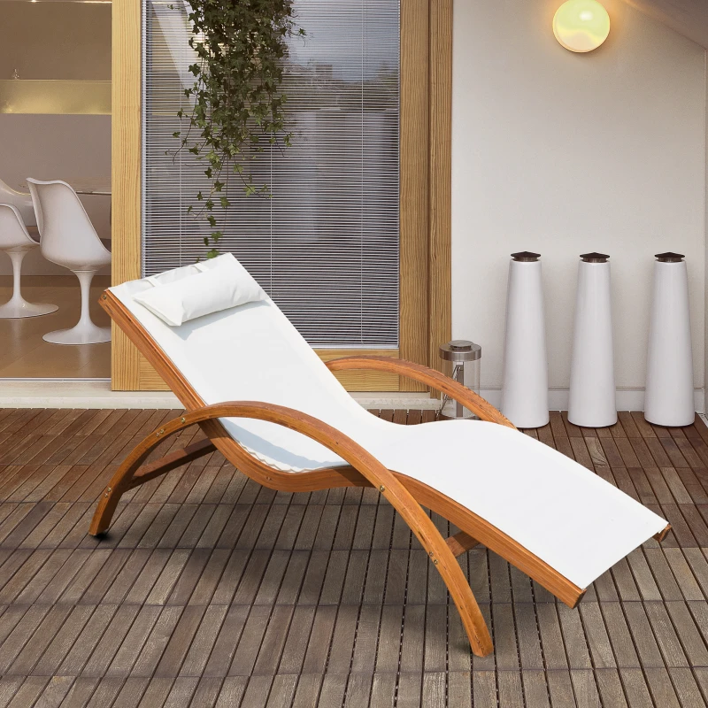 Outsunny Espreguiçadeira Ergonómica Espreguiçadeira com Apoio para a Cabeça Removível para Jardim Pátio Terraço Piscina 161x72x68 cm Marfim e Madeira