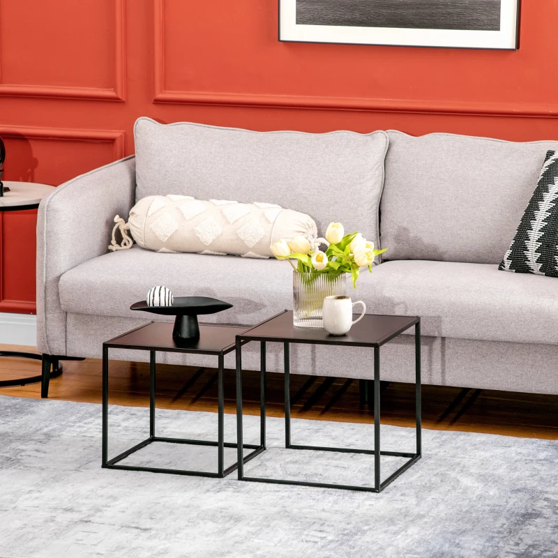 HOMCOM bijzettafel, salontafel, gedekte tafel, set van 2, modern design, stalen frame, zwart, 40 x 40 x 40 cm