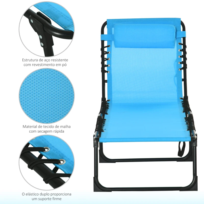 Outsunny Espreguiçadeira de jardim dobrável e ajustável com 4 posições  sistema de laço Estrutura de Aço 197x58x76 cm azul claro