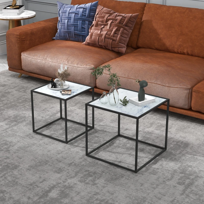 HOMCOM Conjunto de 2 Mesas Auxiliares Empilháveis com Bancada de Vidro Temperado 42,5x42,5x40 cm e 35x35x35,5 cm Mármore e Preto