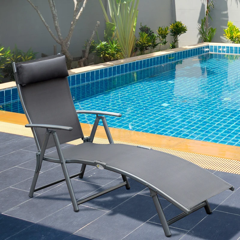 Outsunny Espreguiçadeira Dobrável de Jardim com Encosto Ajustável em 7 Posições Apoio para a Cabeça 137x63,5x100,5cm Cinza