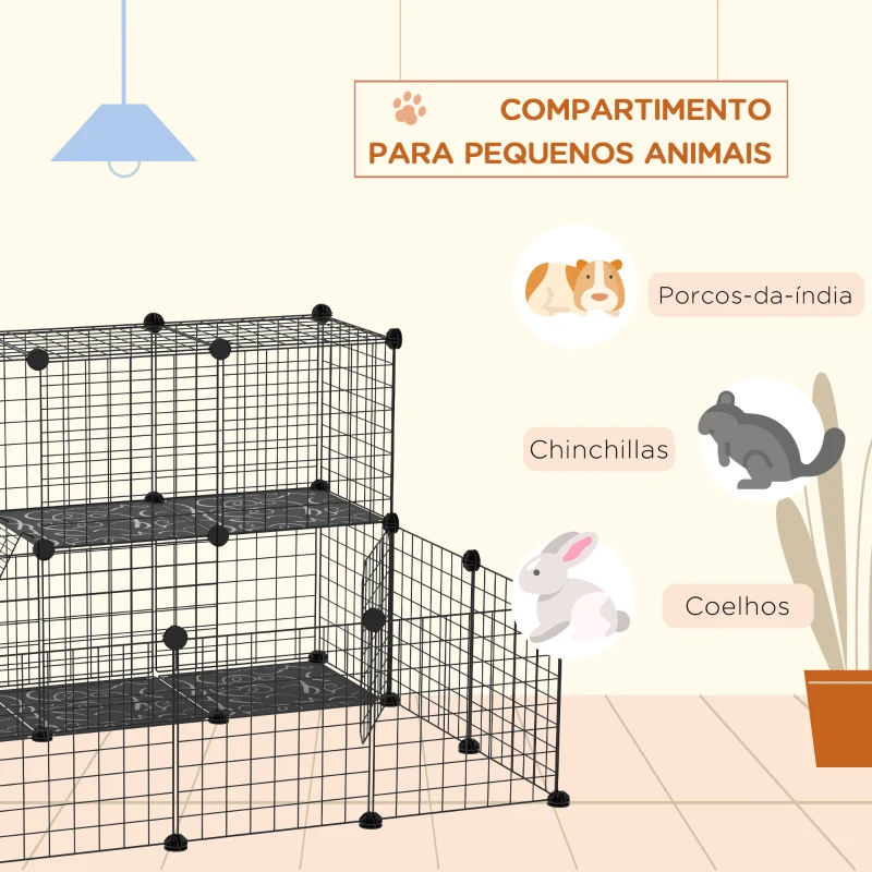 PawHut Recinto para Pequenos Animais DIY com 24 Painéis com Grade Metálica Recinto Modular para Coelhos Chinchilas 105x105x70cm