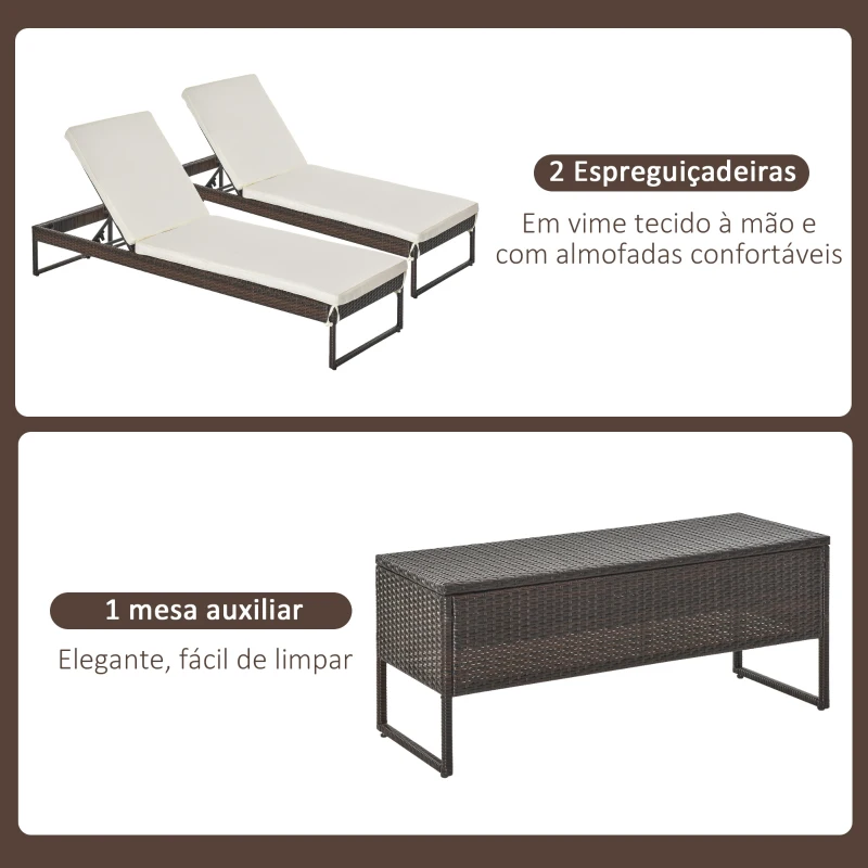 Outsunny Conjunto de 2 espreguiçadeiras de jardim com almofadas acolchoadas de vime com mesa lateral para piscina ou terraço Carga160kg 195x60x86 cm Moldura de aço Creme e Castanho