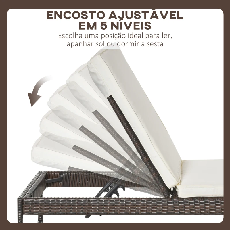 Outsunny Conjunto de 2 espreguiçadeiras de jardim com almofadas acolchoadas de vime com mesa lateral para piscina ou terraço Carga160kg 195x60x86 cm Moldura de aço Creme e Castanho