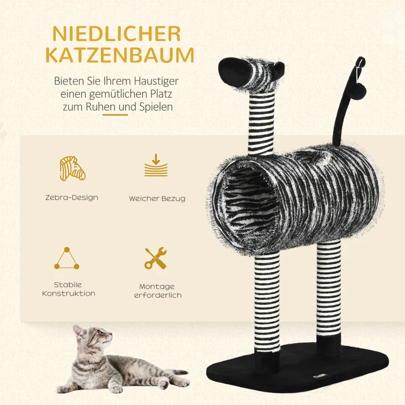 PawHut kattenboom, kattenboom in zebradesign, klimboom met kattentunnel, kattenkrabpaal met jutepaal, speelboom, kattenmeubilair, zwart+wit, 93 cm