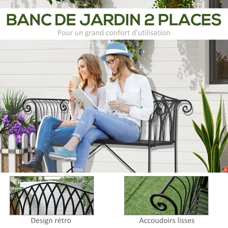 Outsunny Ensemble de banc de Jardin 2 places et de 2 coussins matelas assise - métal façon fer forgé et polyester