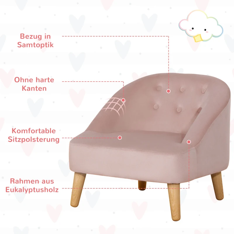 Homcom kinderfauteuil met voetenbank voor kinderen van 3 tot 5 jaar, schattig fluwelen design, 51 cm x 51 cm x 50 cm, roze