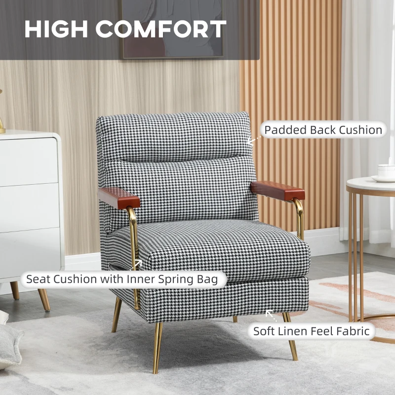 HOMCOM Modern Accent Chair Linen Fabric Armchair with Houndstooth Pattern Gold Steel Legs for Living Room and Bedroom