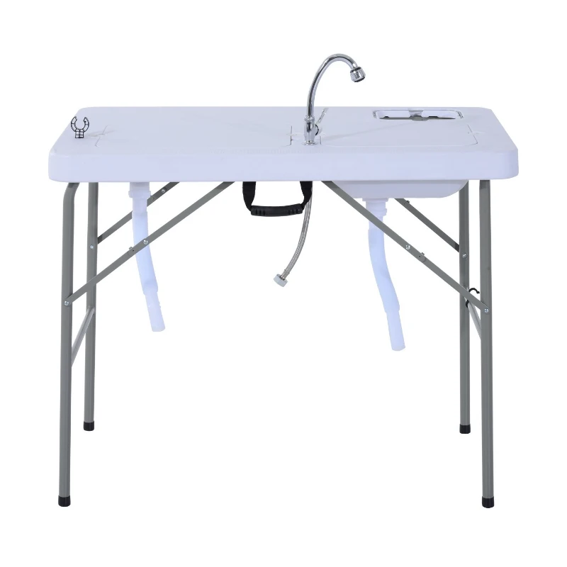 Outsunny Multifuncional Mesa Dobrável 2 em 1 Mesa + Estação de Limpeza Mesa De Piquenique com Torneira e 2 Pias para Pesca Jardim Churrasco Ao Ar Livre Camping 101x66x81 cm