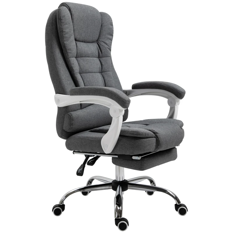 Vinsetto Office Chair, Computer Desk Chair, Linen Fabric Swivel Rolling Task Chair with Large Soft Padded Cushion, 135° Reclining Backrest and Retractable Footrest, Grey