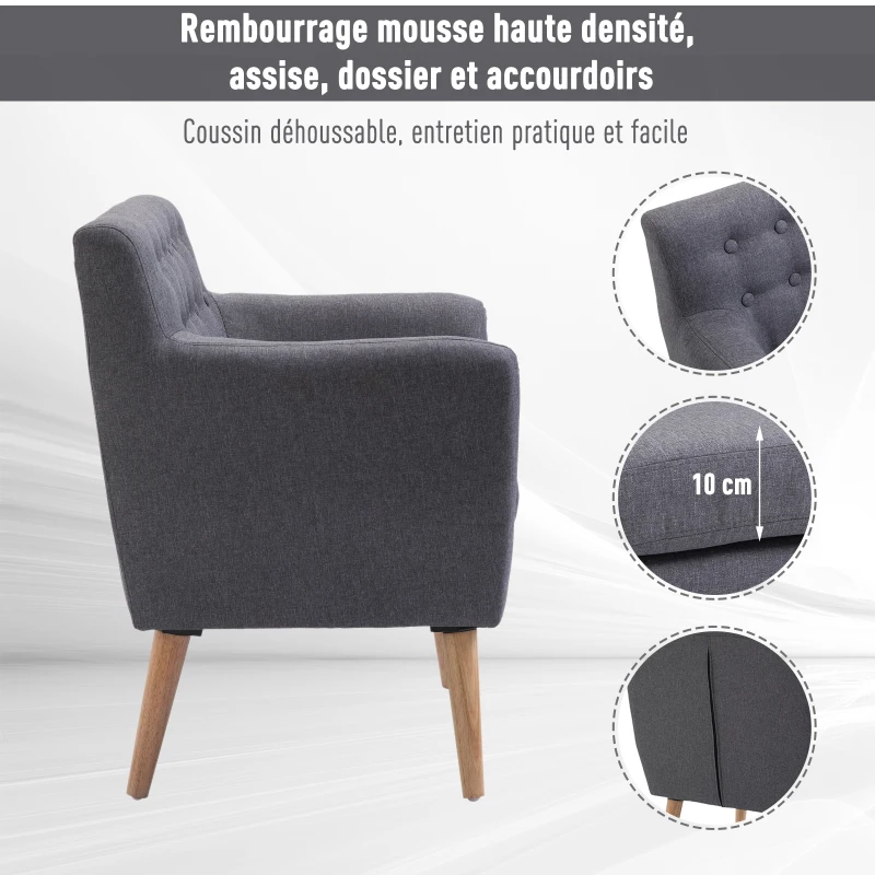 HOMCOM Fauteuil design scandinave 68L x 59l x 75H cm pieds effilés  dossier capitonné avec boutons gris clair chiné