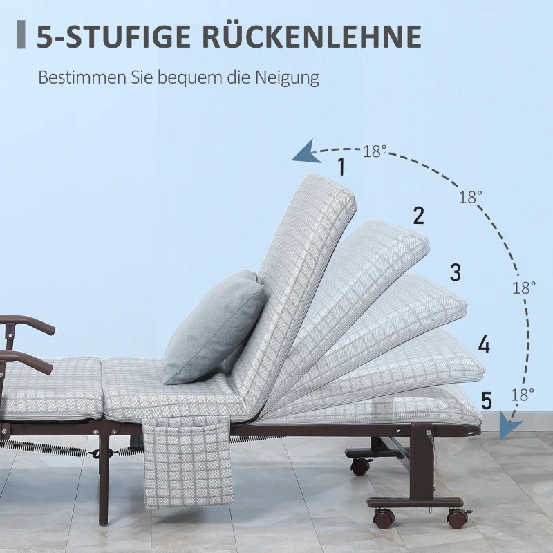 HOMCOM opklapbed, logeerbed met wielen, reisbed, in 5 standen verstelbaar, lichtgrijs