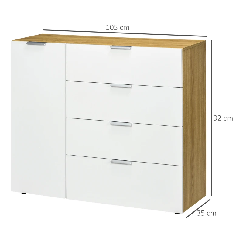 HOMCOM Aparador de Sala de Estar com 4 Gavetas de Alto Brilho Porta e Prateleiras Ajustáveis 105x35x92 cm Branco e Madeira