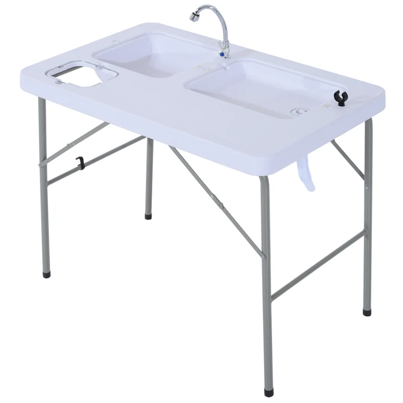 Outsunny Multifuncional Mesa Dobrável 2 em 1 Mesa + Estação de Limpeza Mesa De Piquenique com Torneira e 2 Pias para Pesca Jardim Churrasco Ao Ar Livre Camping 101x66x81 cm