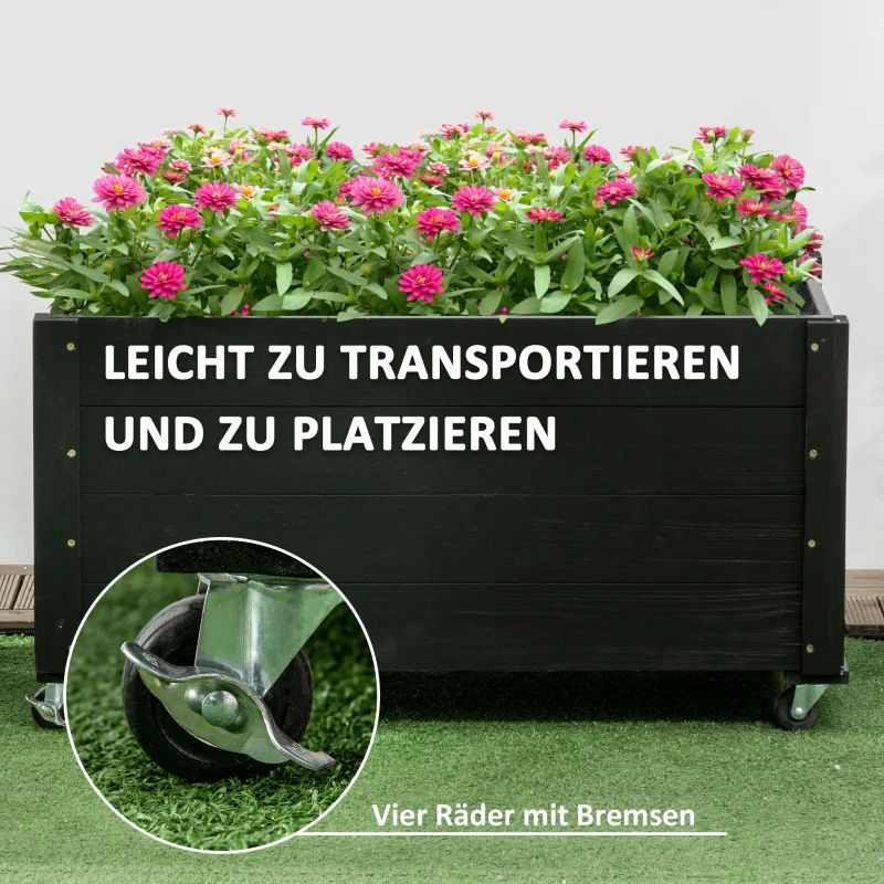 Outsunny verhoogd bed, bloembak met wielen, plantenbak voor tuin, massief hout