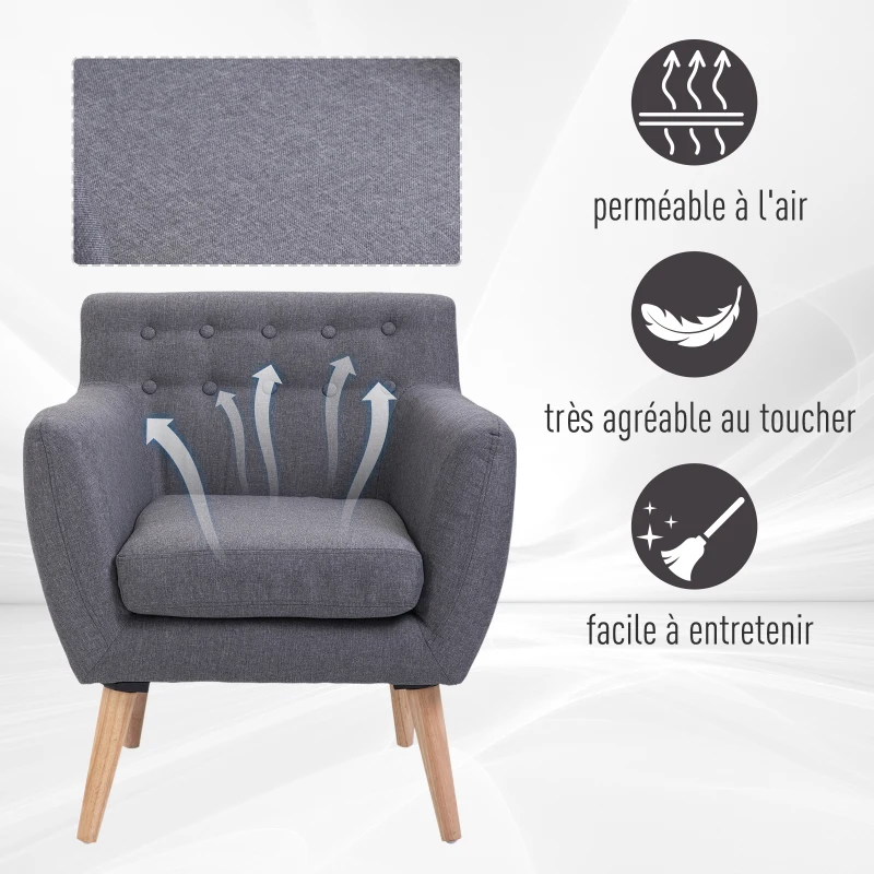 HOMCOM Fauteuil design scandinave 68L x 59l x 75H cm pieds effilés  dossier capitonné avec boutons gris clair chiné