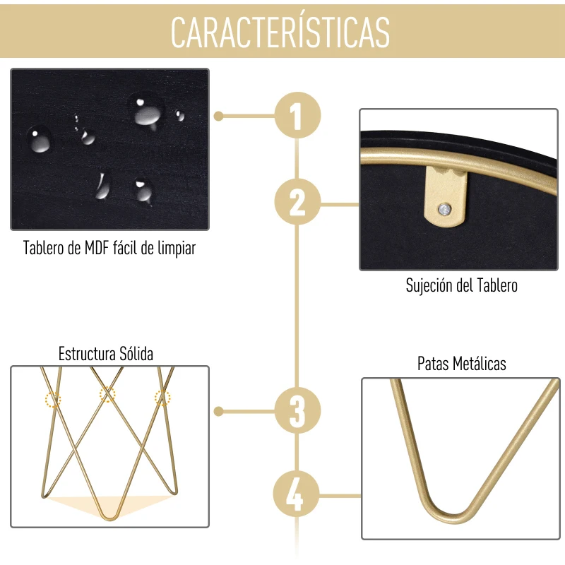 Mesita de Centro Redonda Estilo Moderno Con Patas Triangulares Φ43x48Al cm Negro y Dorado