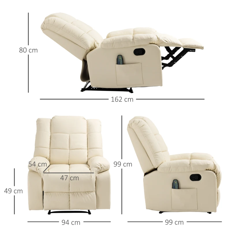 HOMCOM massagestoel, fauteuil, 8 trillingspunten, ligfunctie, kunstleer, roomwit, 94x99x99cm
