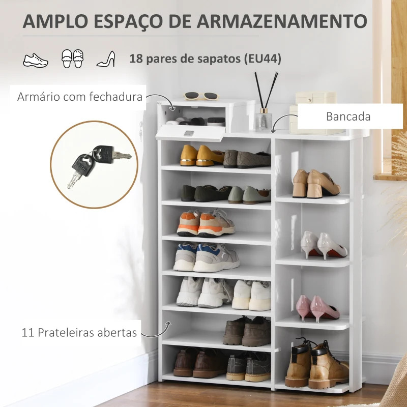 HOMCOM Sapateira de Madeira Móvel para Sapatos com 11 Prateleiras Abertas para 18 Pares de Sapatos 80x27x112 cm Branco