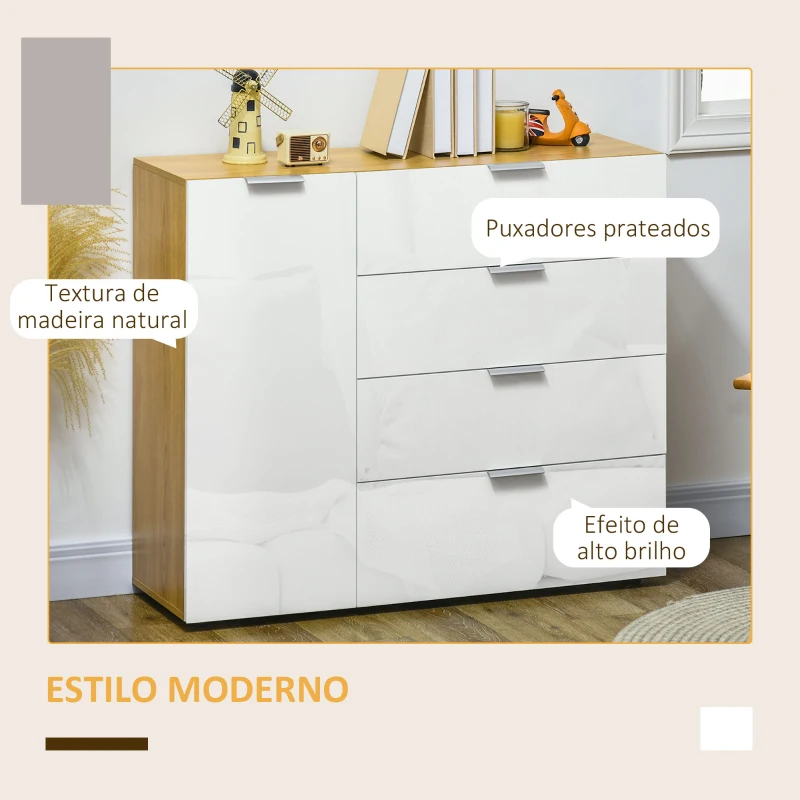 HOMCOM Aparador de Sala de Estar com 4 Gavetas de Alto Brilho Porta e Prateleiras Ajustáveis 105x35x92 cm Branco e Madeira