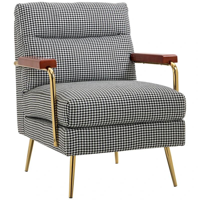 HOMCOM Modern Accent Chair Linen Fabric Armchair with Houndstooth Pattern Gold Steel Legs for Living Room and Bedroom
