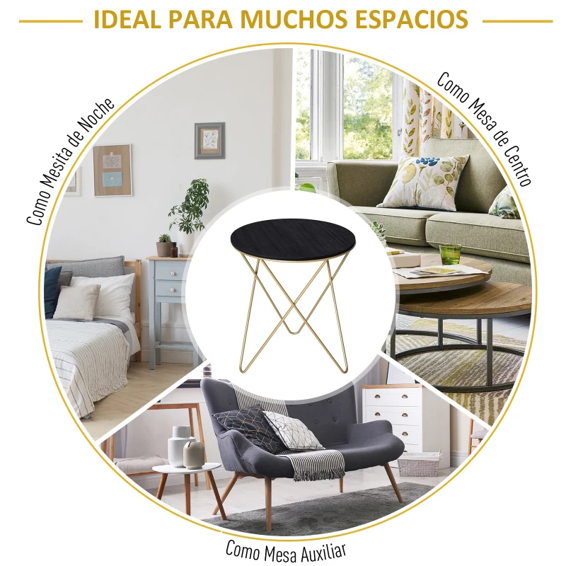 Mesita de Centro Redonda Estilo Moderno Con Patas Triangulares Φ43x48Al cm Negro y Dorado