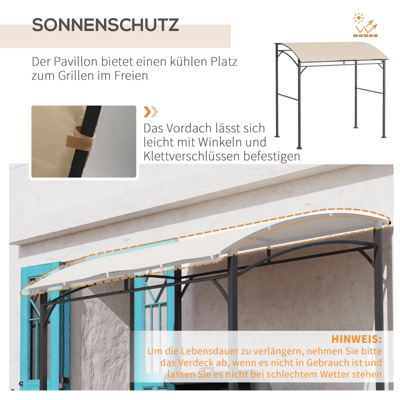 Outsunny Grillpavillon, Grillüberdachung, Regenschutz, Haken für Utensilien, Stahlrahmen, Beige+Schwarz, 215 x 150 x 182/220 cm