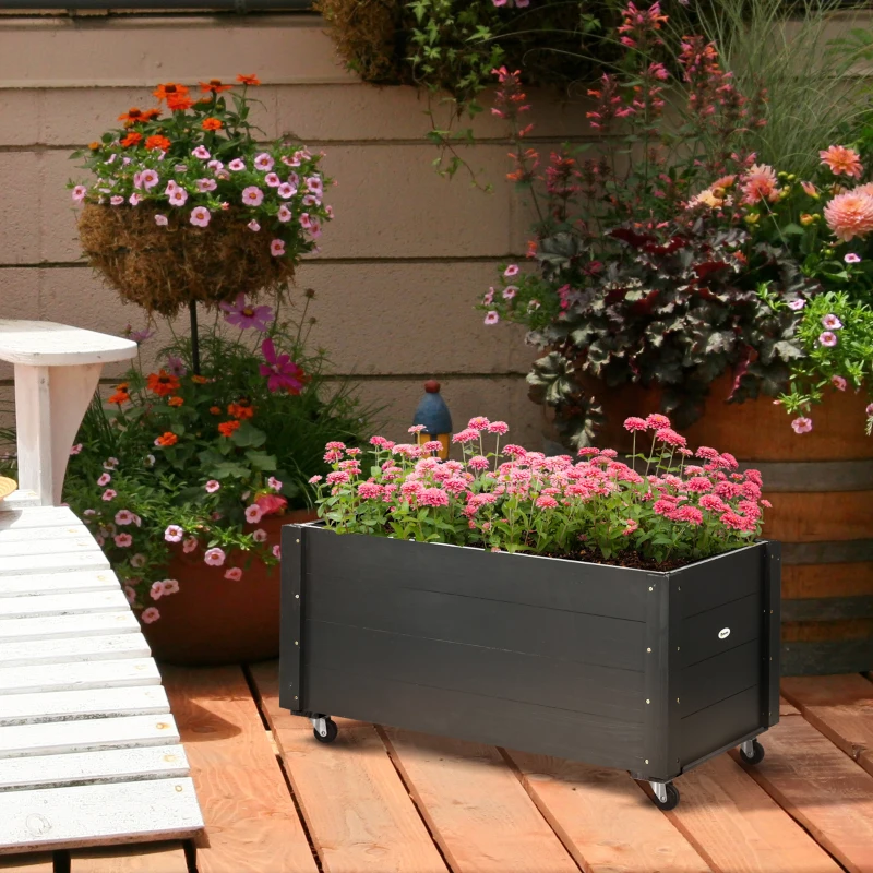Outsunny verhoogd bed, bloembak met wielen, plantenbak voor tuin, massief hout