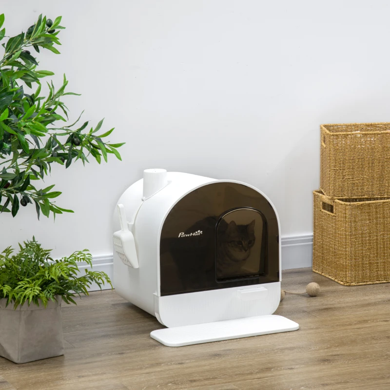 PawHut kattentoilet met filter, 1 vervangend filter, 1 vloermat, 43 cm x 44 cm x 47 cm, zwart+wit