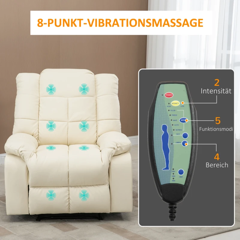 HOMCOM massagestoel, fauteuil, 8 trillingspunten, ligfunctie, kunstleer, roomwit, 94x99x99cm