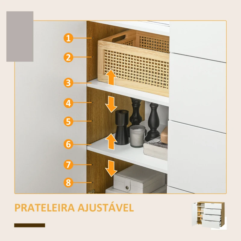 HOMCOM Aparador de Sala de Estar com 4 Gavetas de Alto Brilho Porta e Prateleiras Ajustáveis 105x35x92 cm Branco e Madeira