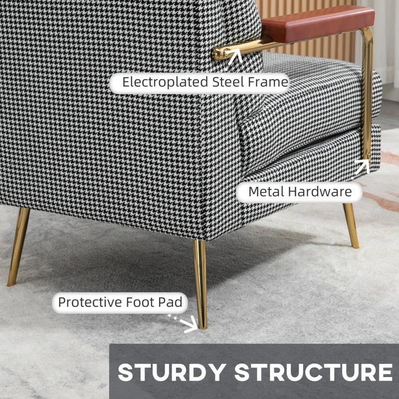 HOMCOM Modern Accent Chair Linen Fabric Armchair with Houndstooth Pattern Gold Steel Legs for Living Room and Bedroom