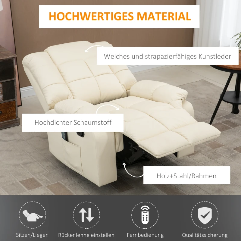 HOMCOM massagestoel, fauteuil, 8 trillingspunten, ligfunctie, kunstleer, roomwit, 94x99x99cm