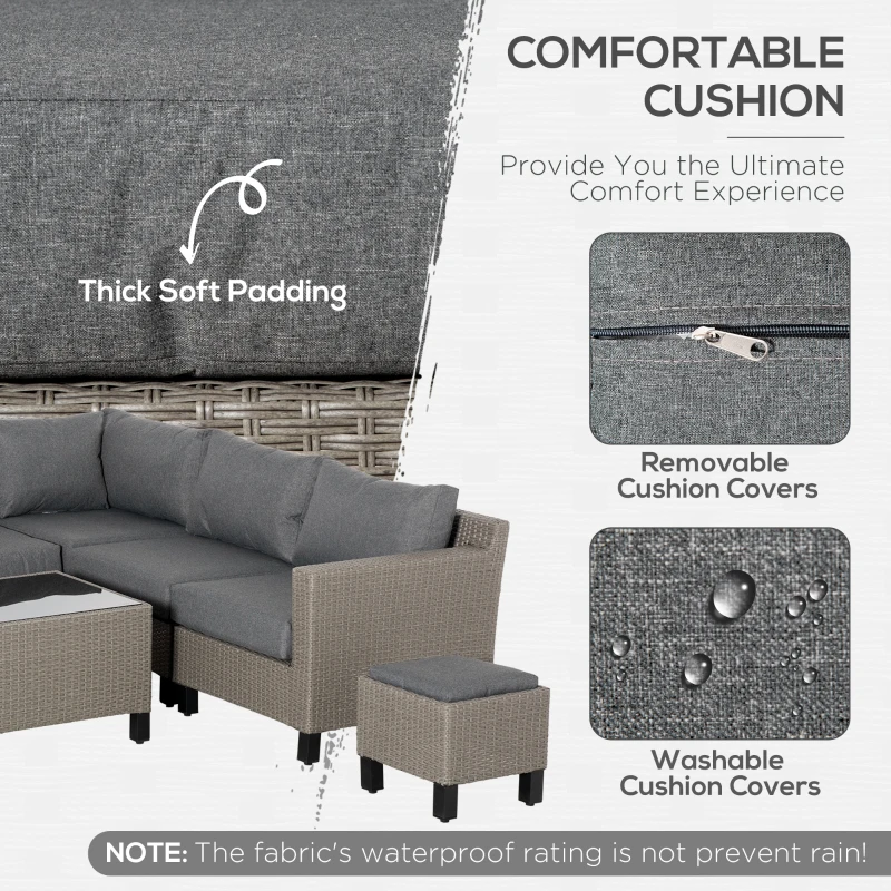 Outsunny 8 PCS Outdoor PE Rattan Sofa Set, Patio All Weather Twin Wicker Conservatory Corner Sofa Furniture, w/ Tempered Glass Coffee Table & Cushions for Lawn, Garden, Grey