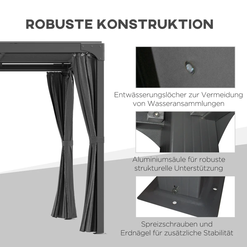 Outsunny Pergola, Pavillon, 4 Vorhänge, 1 ausziehbares Dach, Sonnenschutz, Grau