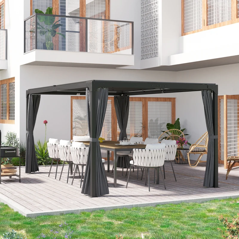 Outsunny Pergola, Pavillon, 4 Vorhänge, 1 ausziehbares Dach, Sonnenschutz, Grau