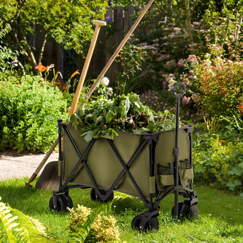 Outsunny Handcart opvouwbare bolderkar met verstelbaar handvat, zakken, groen