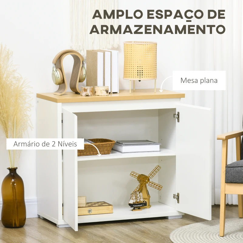 HOMCOM Aparador de Sala de Estar Armário de Armazenamento com 2 Portas e Prateleira Ajustável 80x37x75 cm Branco e Madeira