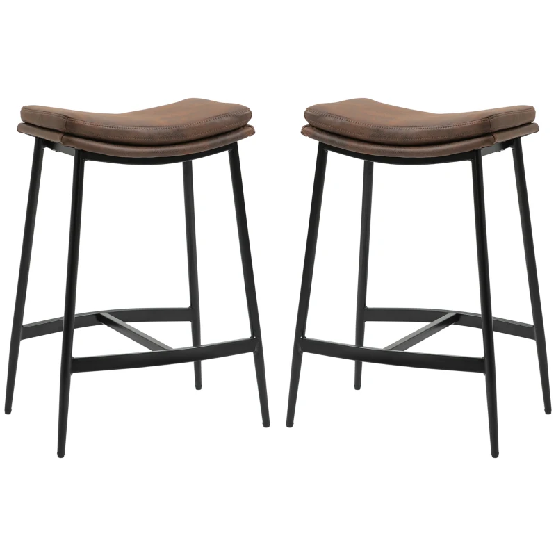 HOMCOM Breakfast Bar Stools Set of 2, Microfibre Upholstered Barstools, Industrial Bar Chairs with Curved Seat and Steel Frame for Dining Room, Kitchen, Brown